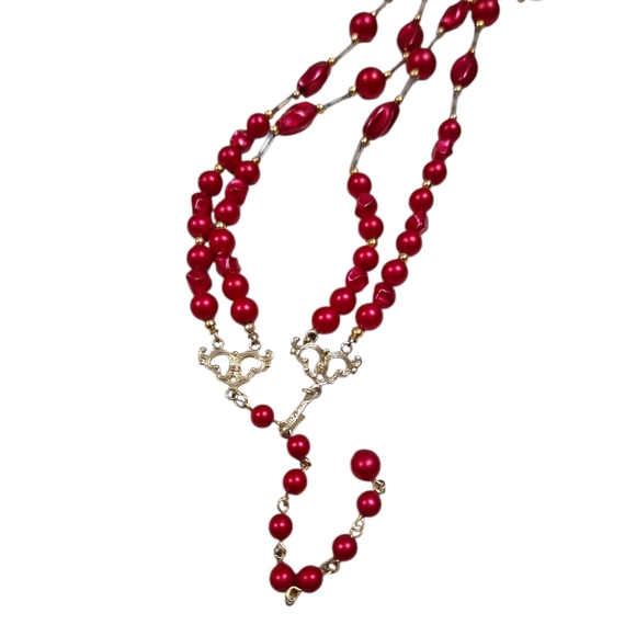 Vintage Hong Kong Red Pink Moonglow Beaded Double Strand Necklace 17-21.5" - Picture 6 of 6